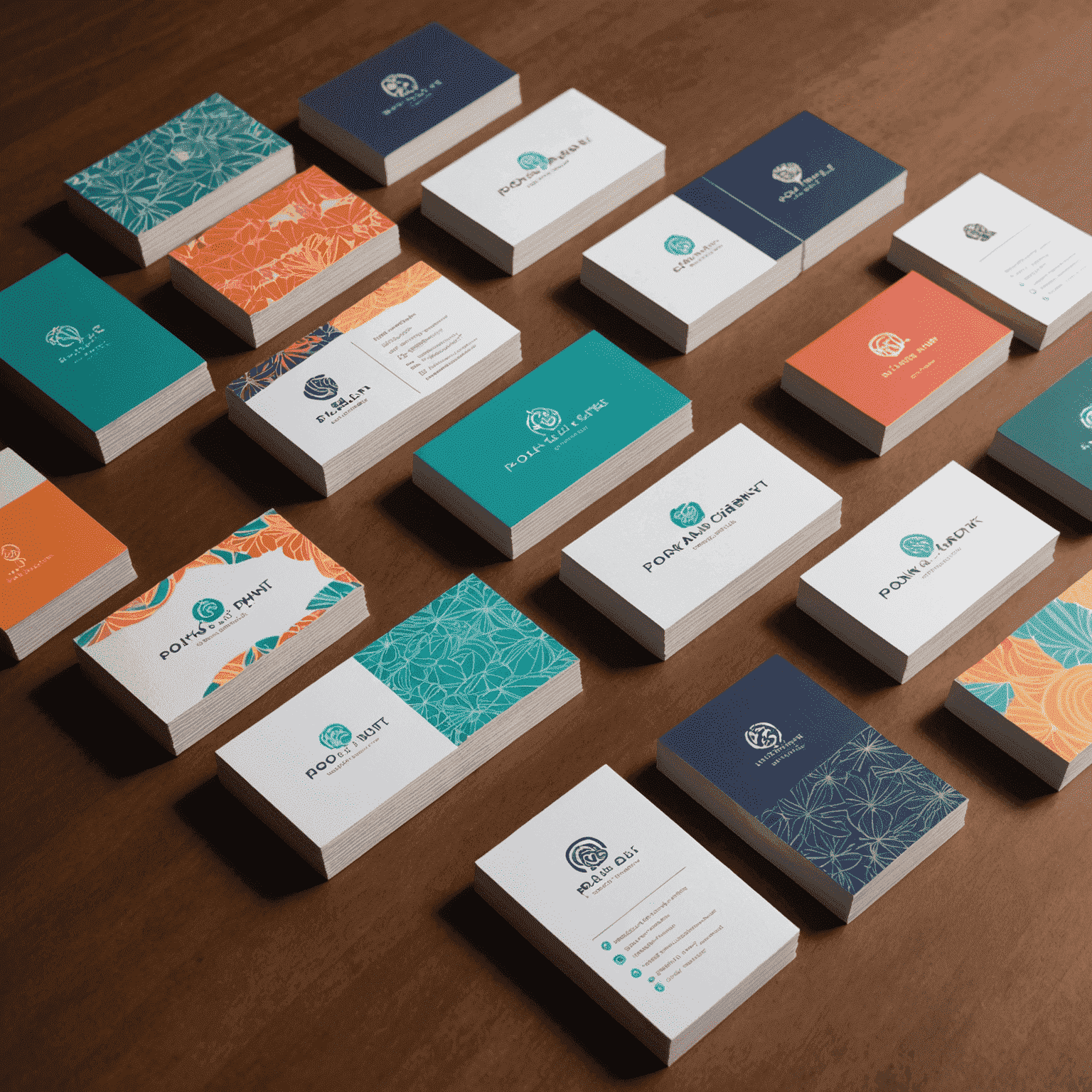 A collection of vibrant, custom-designed business cards showcasing various styles, colors, and finishes. The cards are arranged in a fan-like pattern, highlighting the diversity and creativity of Pokit's offerings.