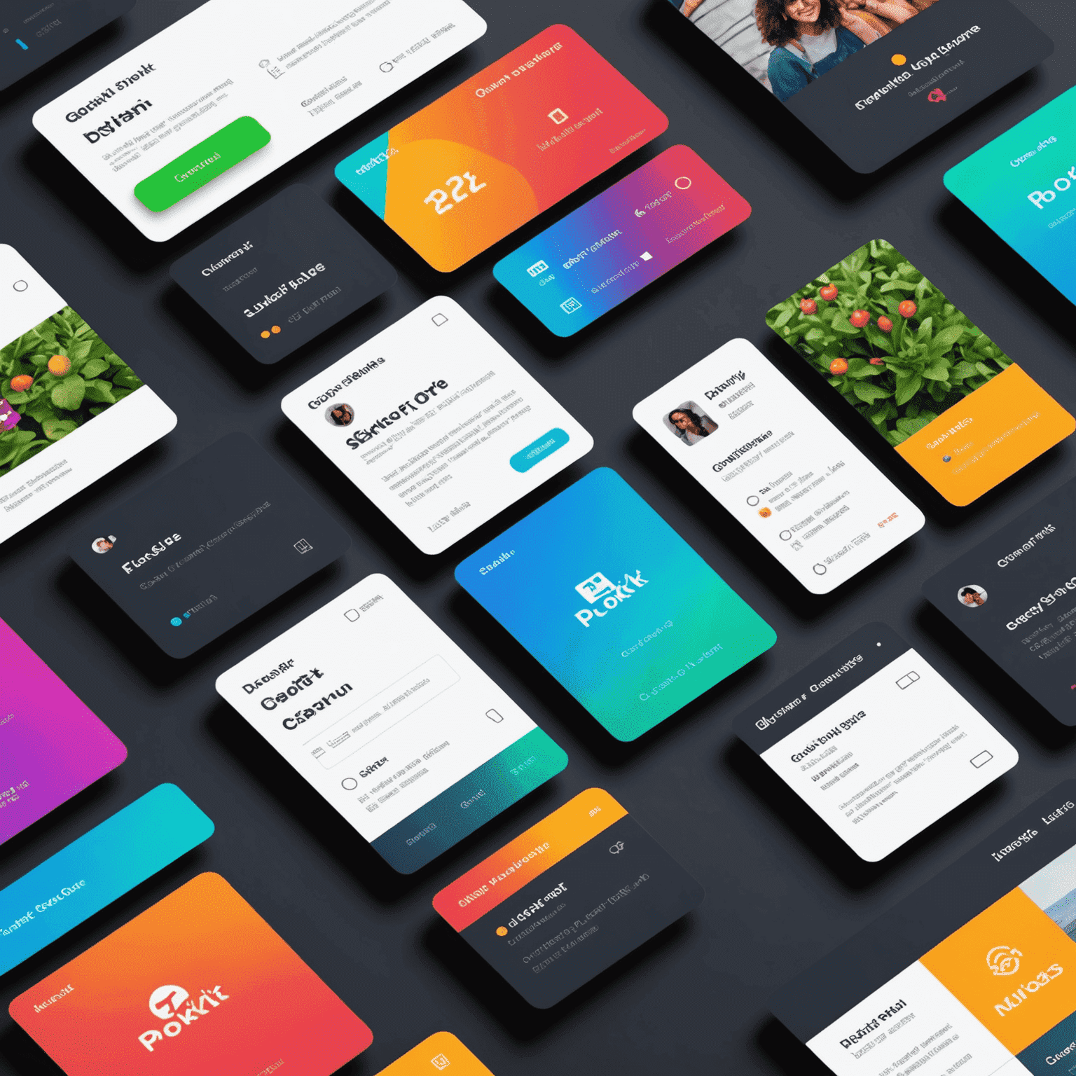 A sleek and modern interface of Pokit's custom card design tool, showcasing various card templates and customization options. The image displays vibrant colors and an intuitive layout, emphasizing the tool's user-friendly nature.