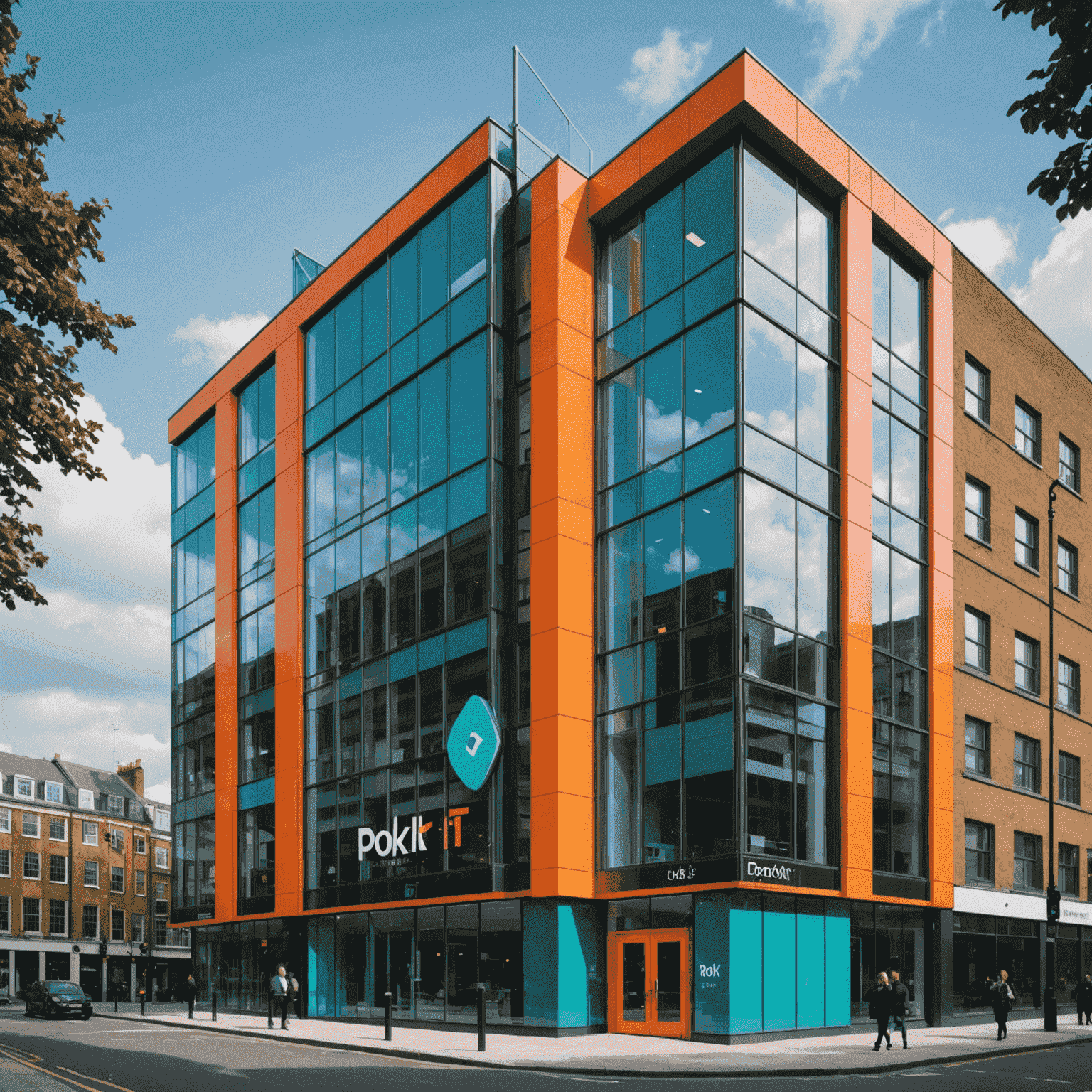 Pokit's new London office exterior, a modern glass building with the Pokit logo prominently displayed. The image showcases the vibrant orange and teal colors of the brand, with London's iconic skyline visible in the background.