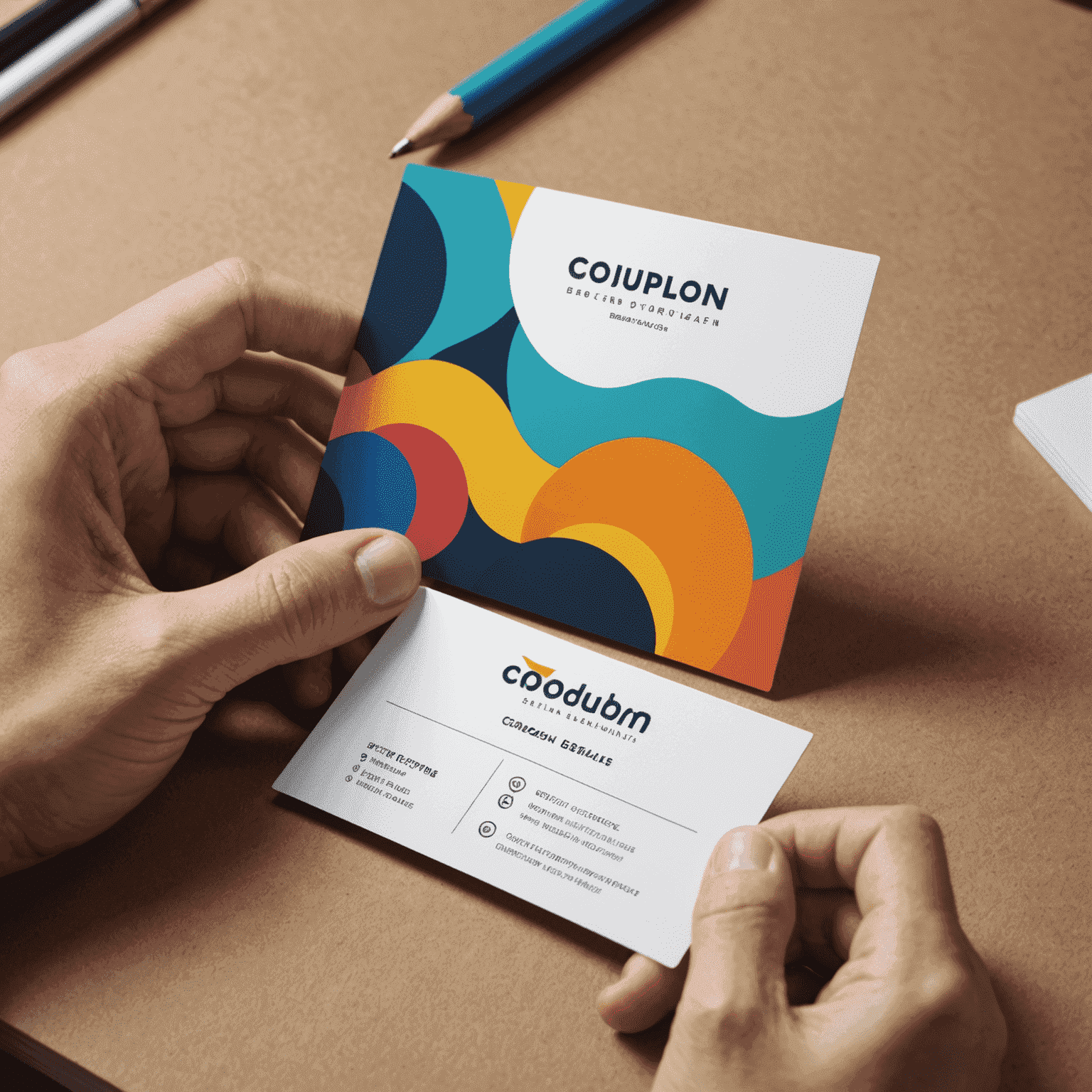 A designer working on a custom business card layout with vibrant colors and unique shapes, showcasing creativity and brand identity