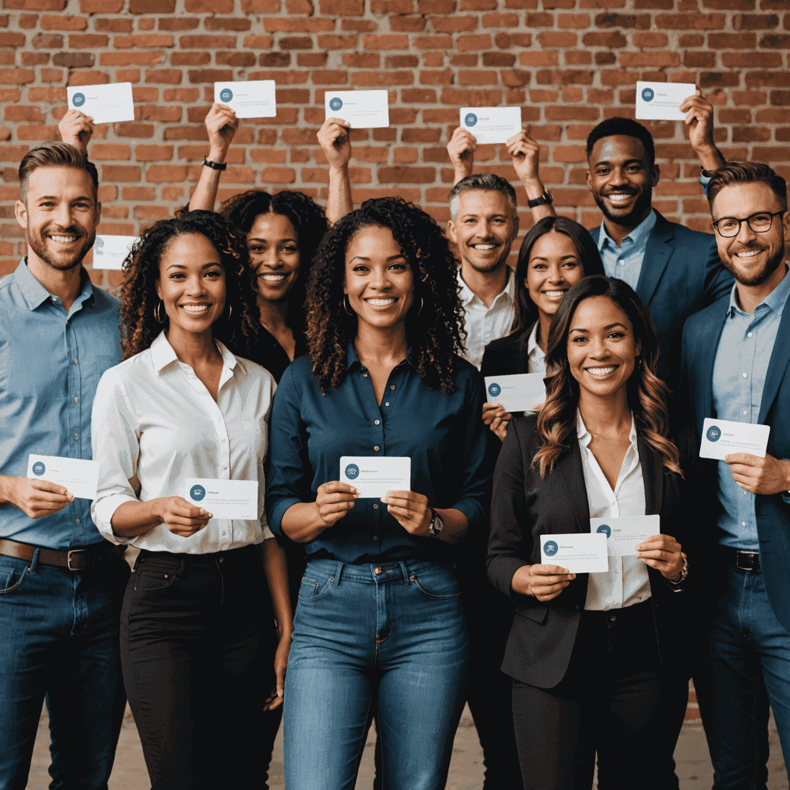 A diverse group of small business owners holding their custom Pokit business cards, smiling confidently. The image showcases various professions and industries, emphasizing Pokit's versatility in serving different types of businesses.