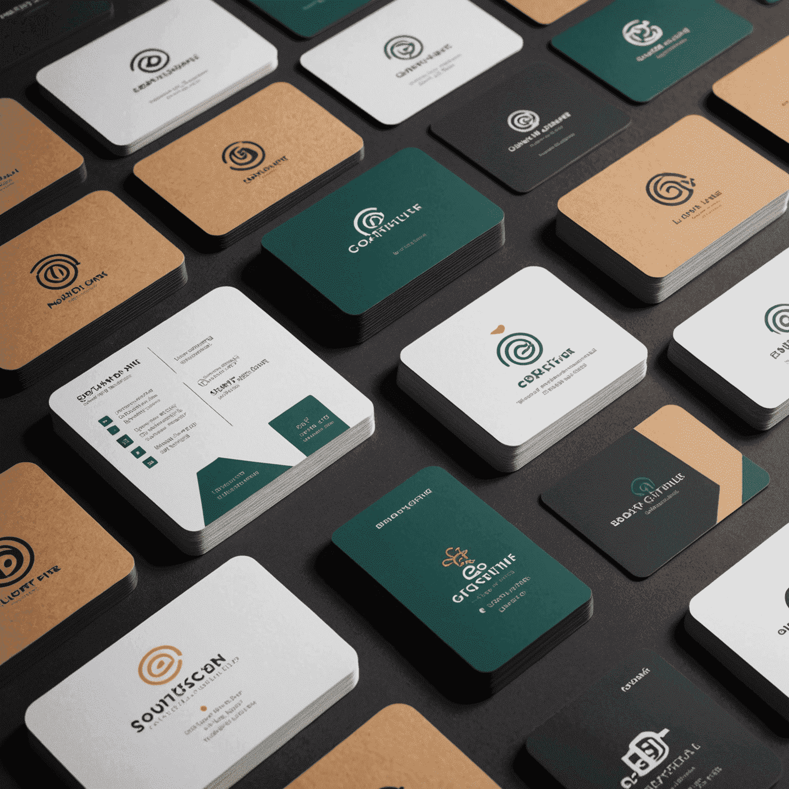 A collection of creatively designed business cards created using Pokit's tool, showcasing various industries and styles. The image highlights the versatility and professional quality of the cards produced by the platform.