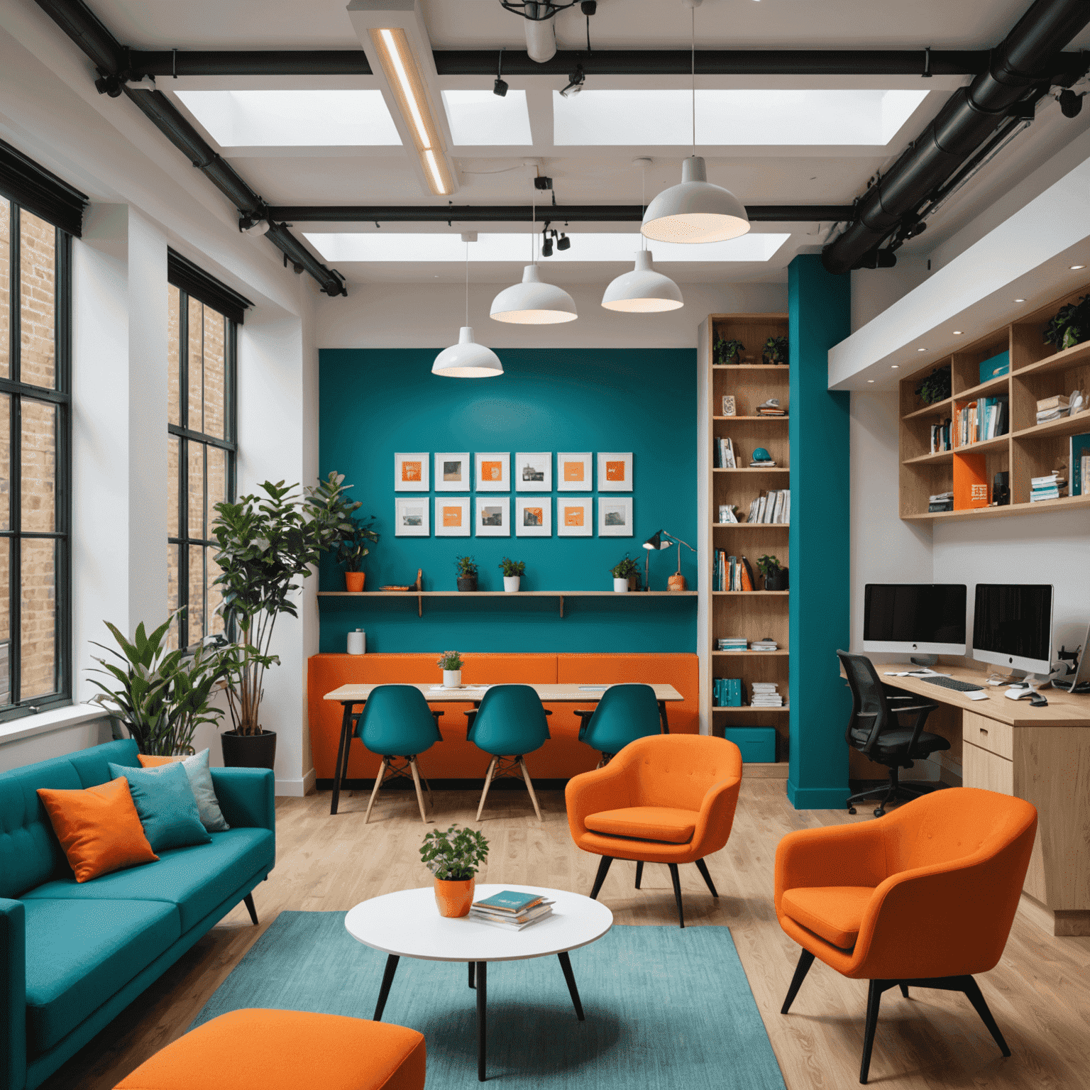 Interior of Pokit's London office, featuring a modern open-plan design with vibrant orange and teal accents. The space includes collaborative areas, design studios, and a showcase of custom business card samples.