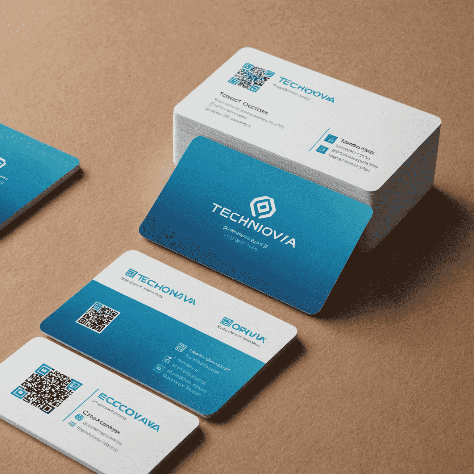 A close-up of TechNova's custom Pokit business card, showcasing the sleek design with a blue to teal gradient, tactile finish, and prominently placed QR code.