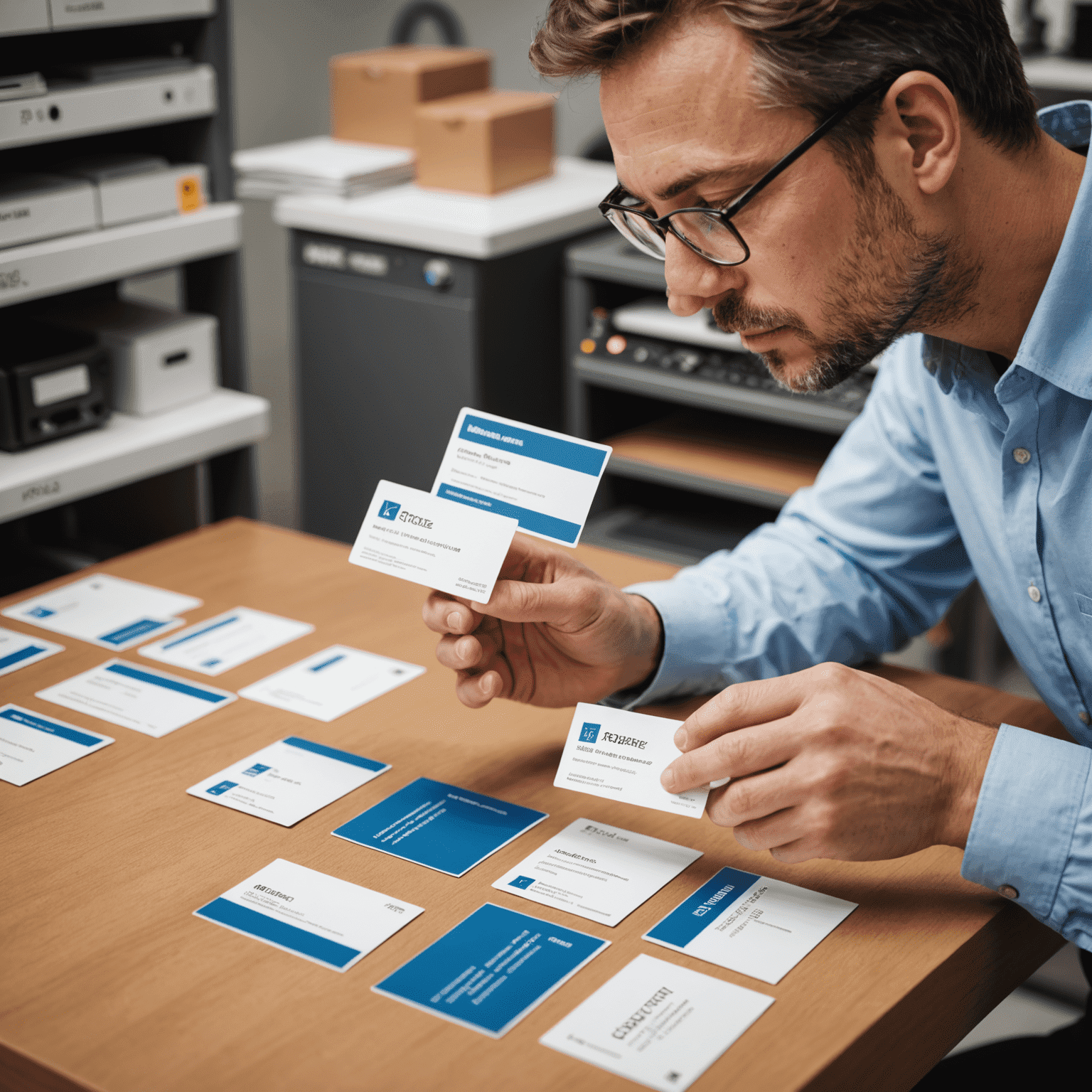 Quality assurance specialist inspecting freshly printed business cards for color accuracy and print quality