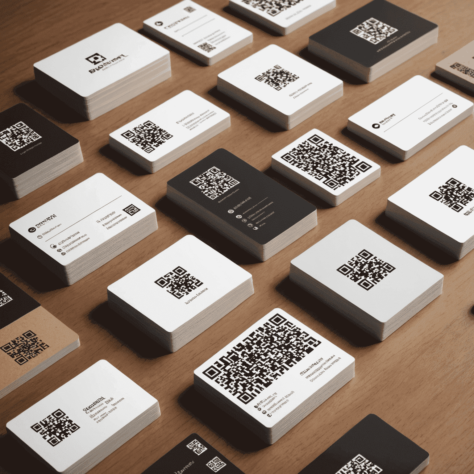 A collection of modern business cards with QR codes and NFC symbols, showcasing the blend of traditional and digital elements