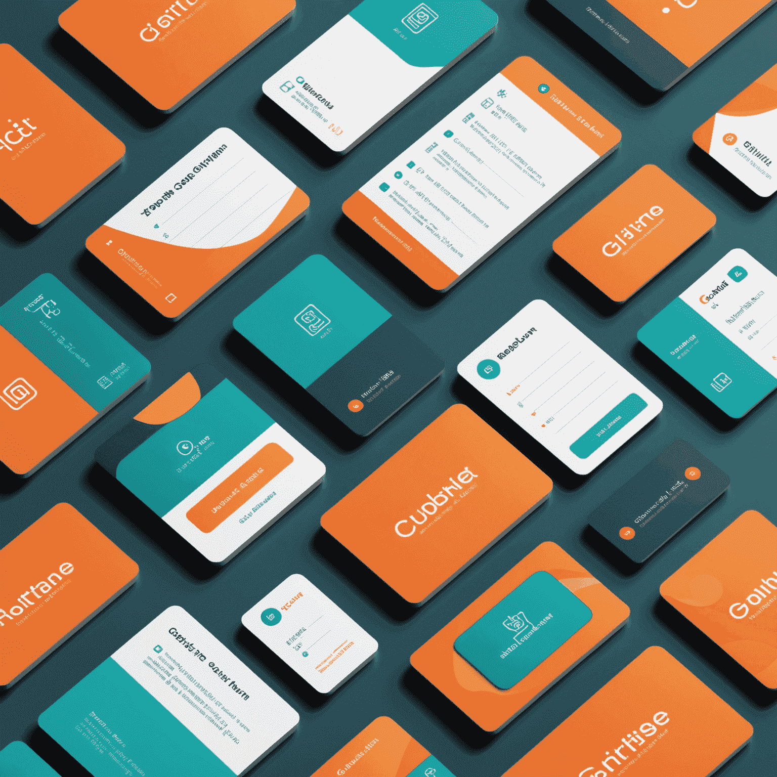 A modern interface showcasing a custom card design tool with vibrant orange and teal elements, displaying various card templates and customization options