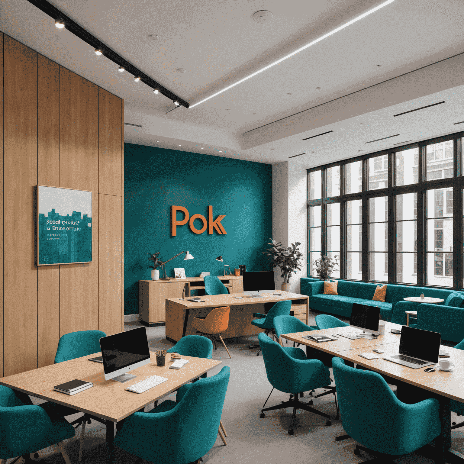 A sleek, modern office space in London with Pokit branding, showcasing a mix of open work areas and meeting rooms with teal and orange accents