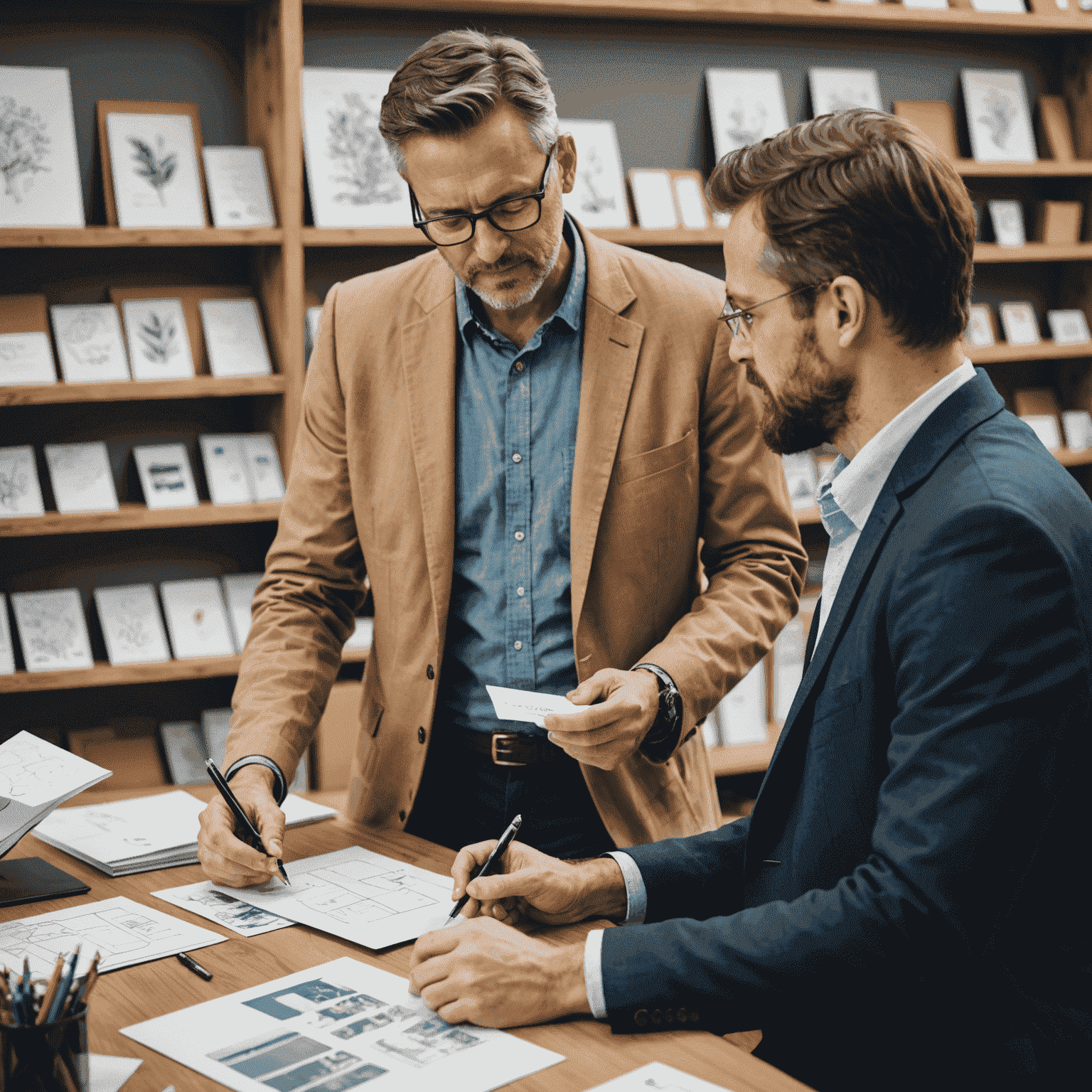 A consultant discussing card designs with a small business owner, pointing at samples and sketches